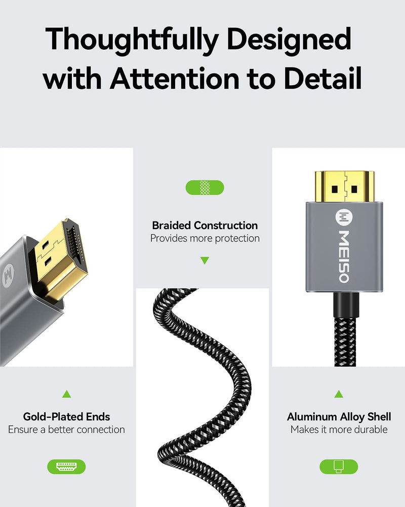 HDMI Cable for 8K/4K, MEISO Ultra High-Speed HDMI 2.1 Cord, 6ft 48Gbps 8K@60Hz, 4K@120Hz, Resolution Compatible with Apple TV, Roku, OLED, PS5/4, Xbox One Series X, Monitor, Laptop, Projector (6ft)