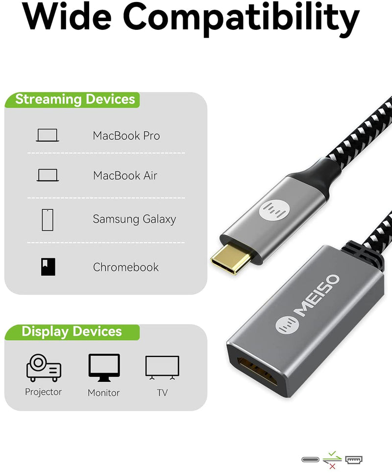 USB C to HDMI Adapter [4K@60Hz], MEISO Type-C to HDMI Cable [Thunderbolt 3/4 Compatible], USBC Male to HDMI Female Convert for MacBook 2020/19/18, Samsung S21/S20, Chromebook, Surface, More